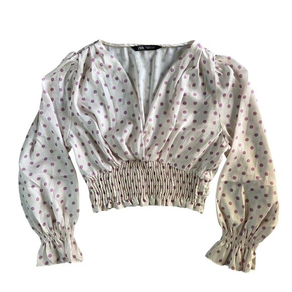 Zara Polka Dot Smocked Womens Cropped Top Blouse Size Medium - Picture 1 of 9